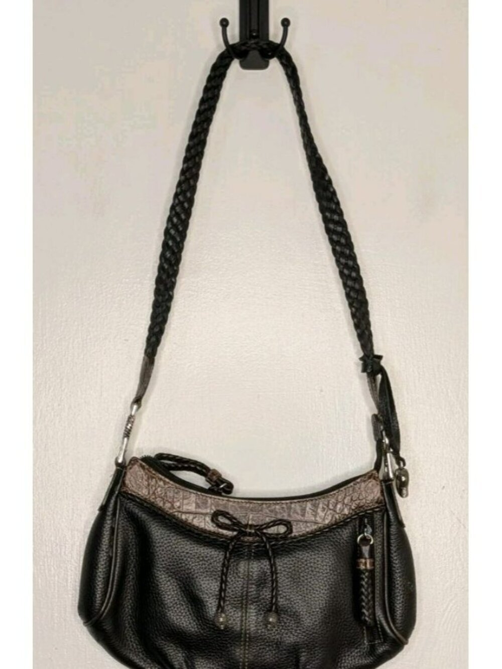 Brighton Black Pebbled Leather Shoulder Bag Brown Croc Trim Braided Bow Strap